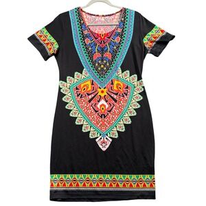 MAG Dashiki Print Mini Dress Tribal Boho Festival Afrocentric Y2K Womens M